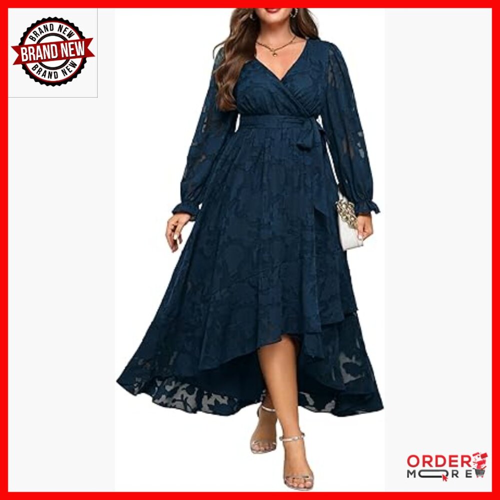Plus Size Floral Maxi Dress Long Sleeve Wrap V Neck High Low Belted